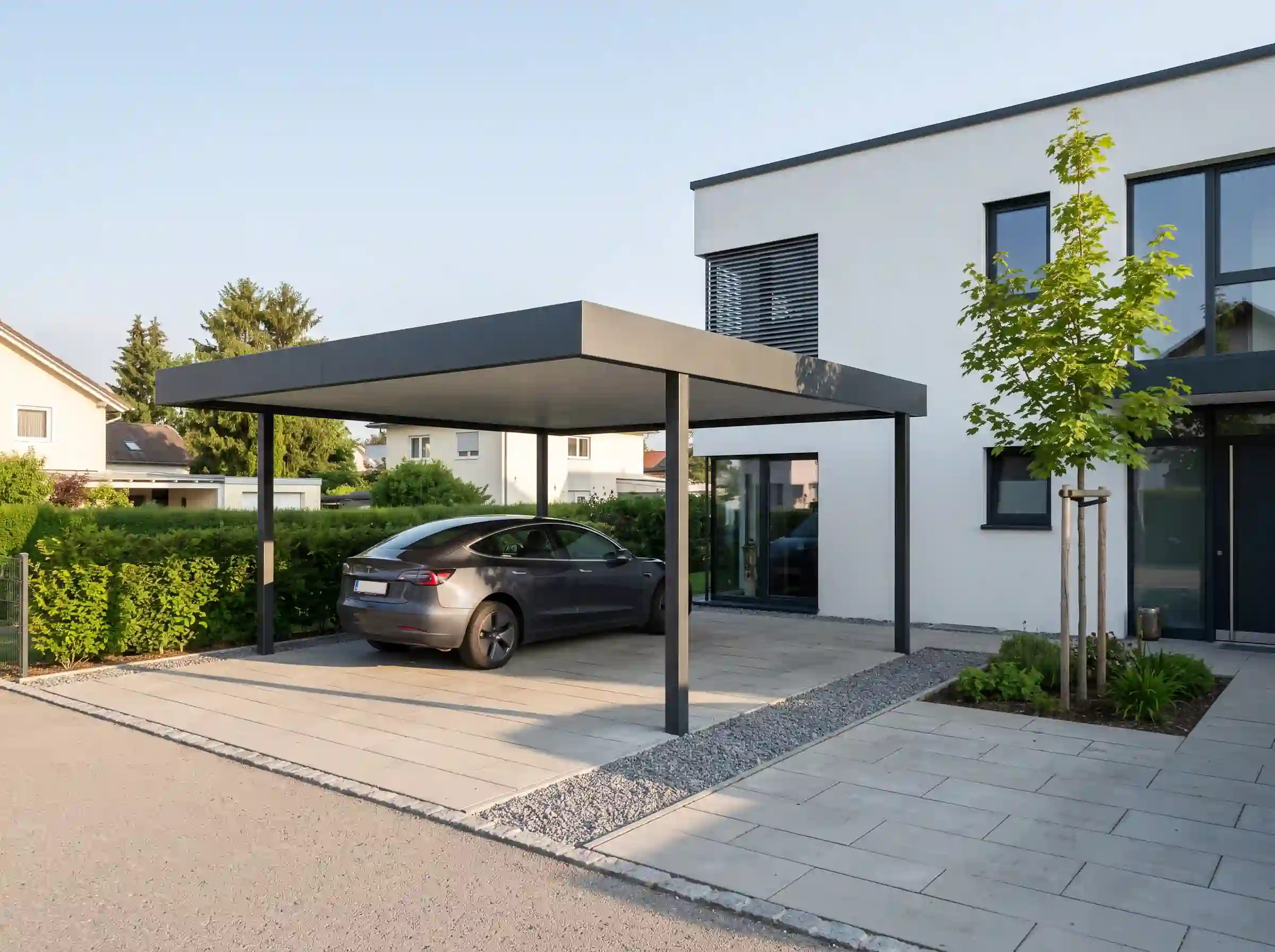 KI-generiertes Bild: Freistehender Carport mit Flachdach in Anthrazit neben einem modernen Haus, darunter ein Auto