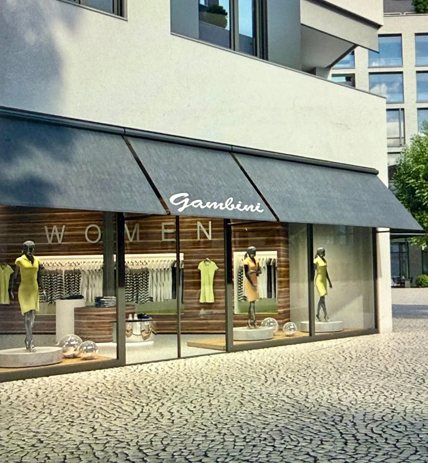 Fallarmmarkisen in Anthrazit über den Schaufenstern eines Modegeschäfts