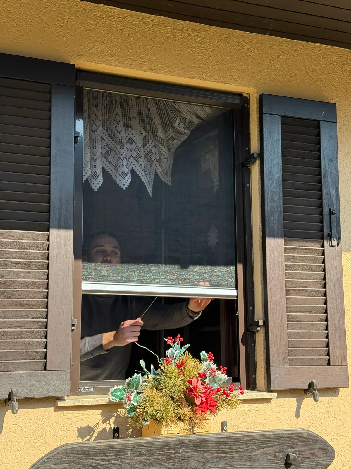 Fliegengitter-Rollo an einem Fenster mit Fensterläden